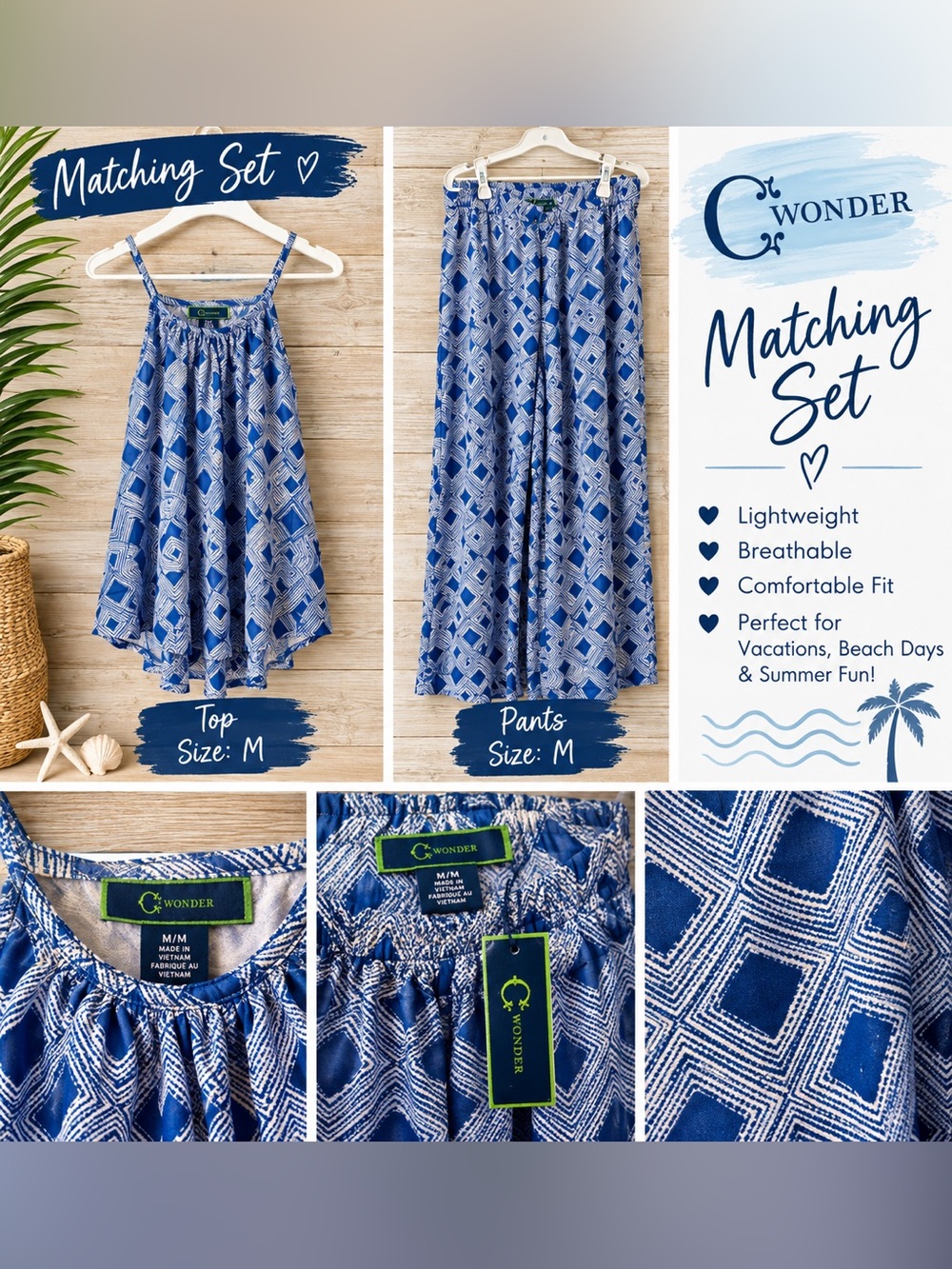 NWT C. Wonder Blue Geometric Diamond 2-Piece Set - Halter Top & Wide Leg Pants M